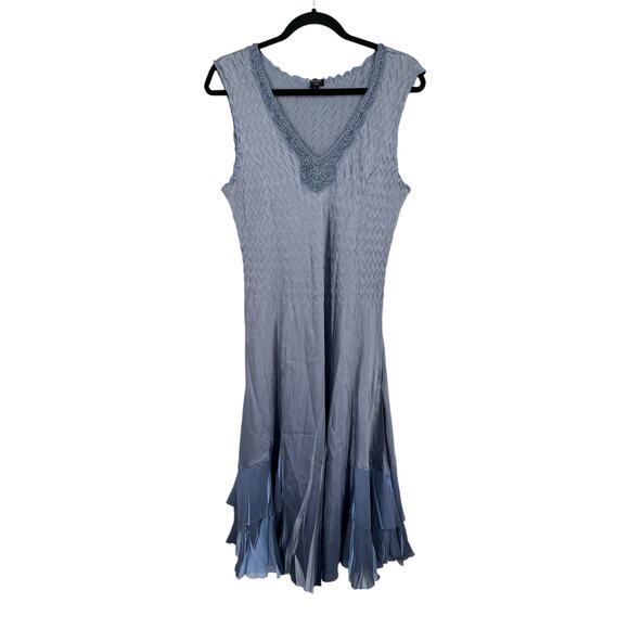 Komarov dress beaded v neck charmeuse chiffon sleeveless blue size Large L - Picture 1 of 7